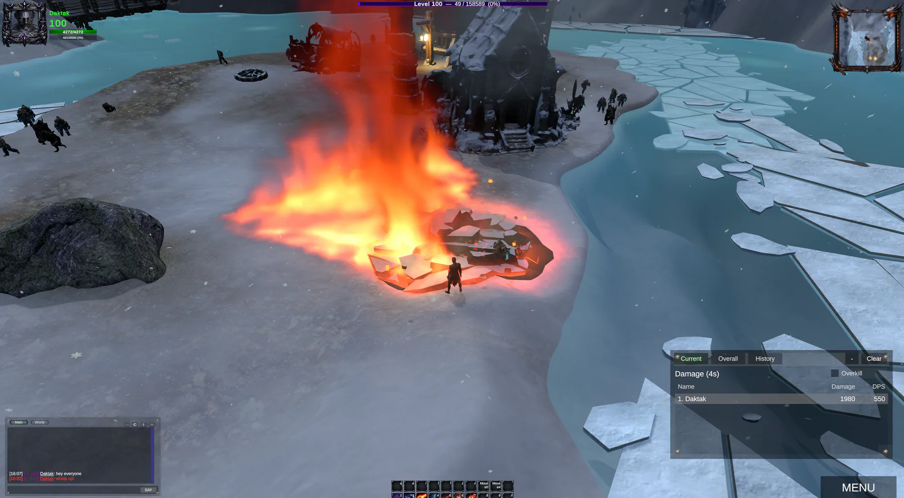 A fiery area spell erupting during combat in Nethryon's frozen opening zone