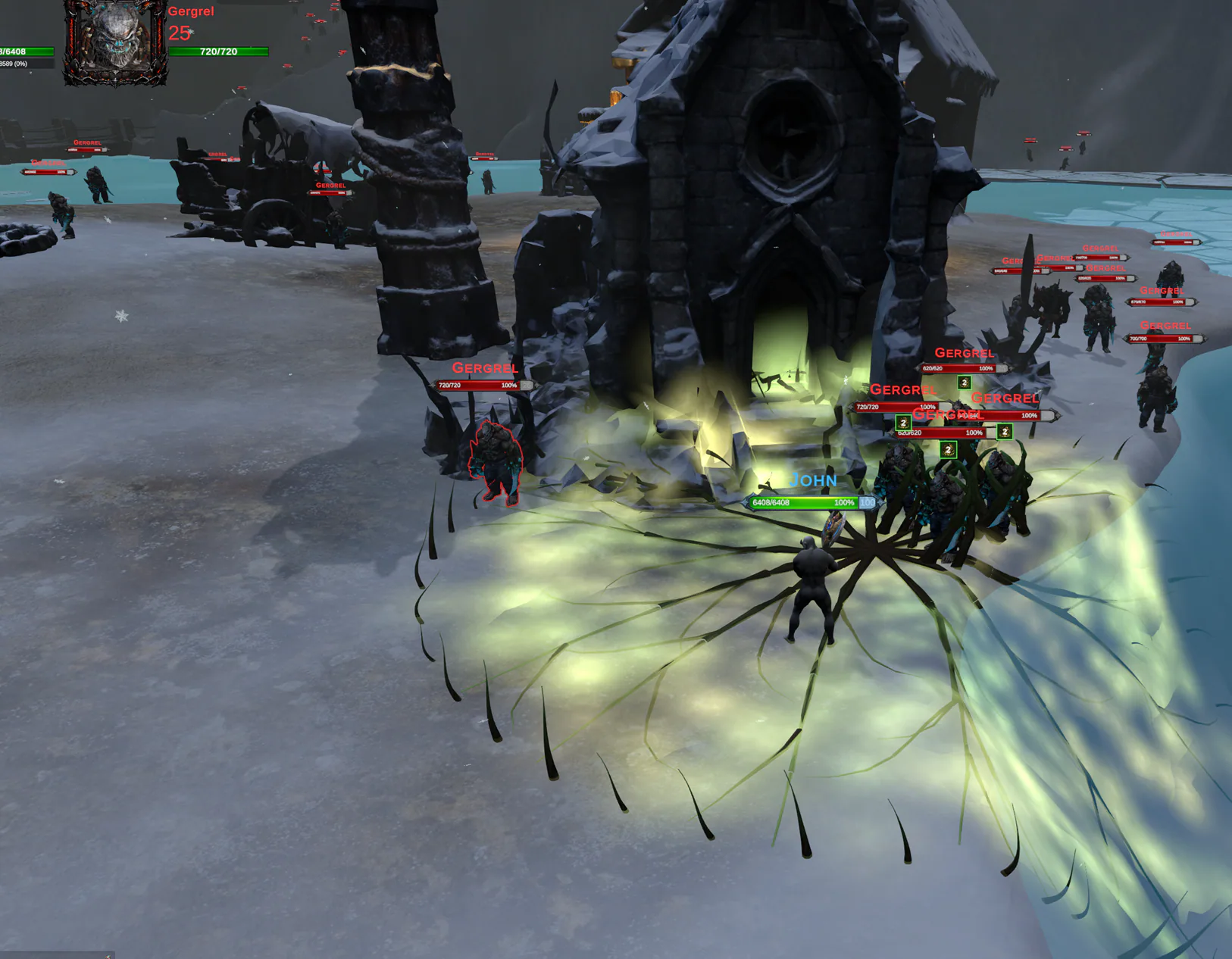 A large group of enemies caught in a luminous ground ability