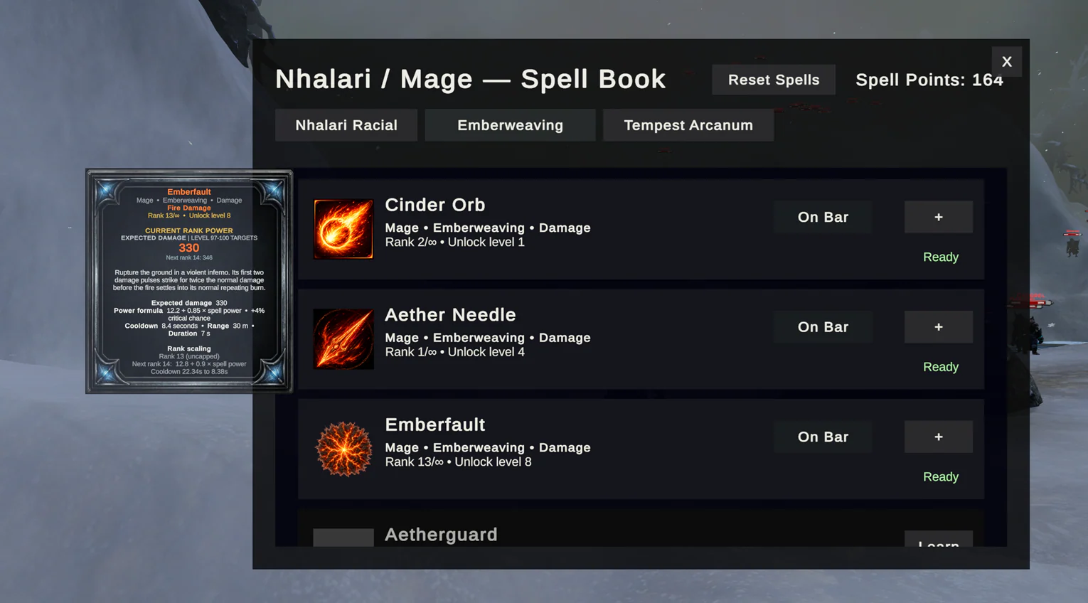 The Nhalari Mage spellbook showing racial, Emberweaving, and Tempest Arcanum tabs