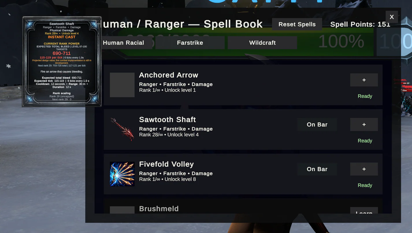 The Human Ranger spellbook showing racial, Farstrike, and Wildcraft tabs